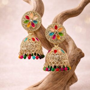yellow floral designer jhumka earrings with stone work