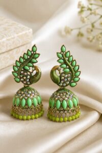 Green Peacock Designer Jhumka Earrings with Stone Work