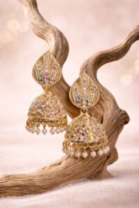 Gold Plated Leaf Design Jhumka Earrings with Pearl Drops