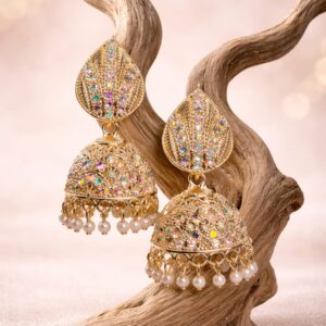 yellow floral designer jhumka earrings with stone work