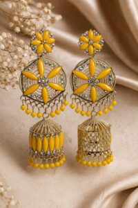 Yellow Floral Designer Jhumka Earrings with Stone Work