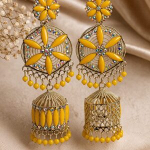 yellow floral designer jhumka earrings with stone work