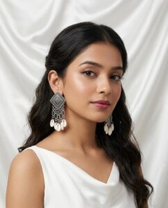boho oxidized silver geometric studs with cowrie shell dangles