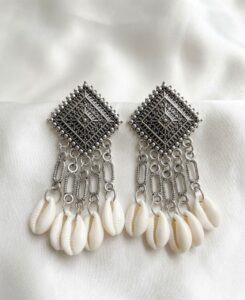 boho oxidized silver geometric studs with cowrie shell dangles