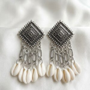 Home boho oxidized silver geometric studs with cowrie shell dangles