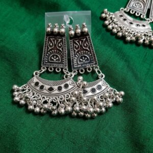 Home vintage oxidized silver geometric jhumka earrings