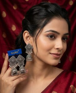 sajke intricate square stud oxidized silver jhumka earrings with ghungroo droplets
