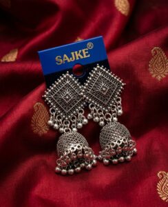 sajke intricate square stud oxidized silver jhumka earrings with ghungroo droplets