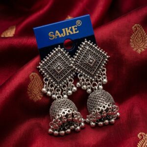 Home sajke intricate square stud oxidized silver jhumka earrings with ghungroo droplets
