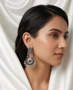 vintage silver oxidized chandbali drop earrings with black floral stone work