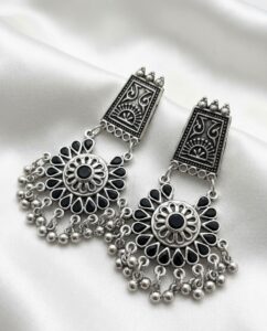 vintage silver oxidized chandbali drop earrings with black floral stone work