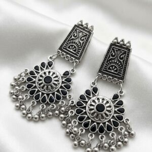 Home vintage silver oxidized chandbali drop earrings with black floral stone work